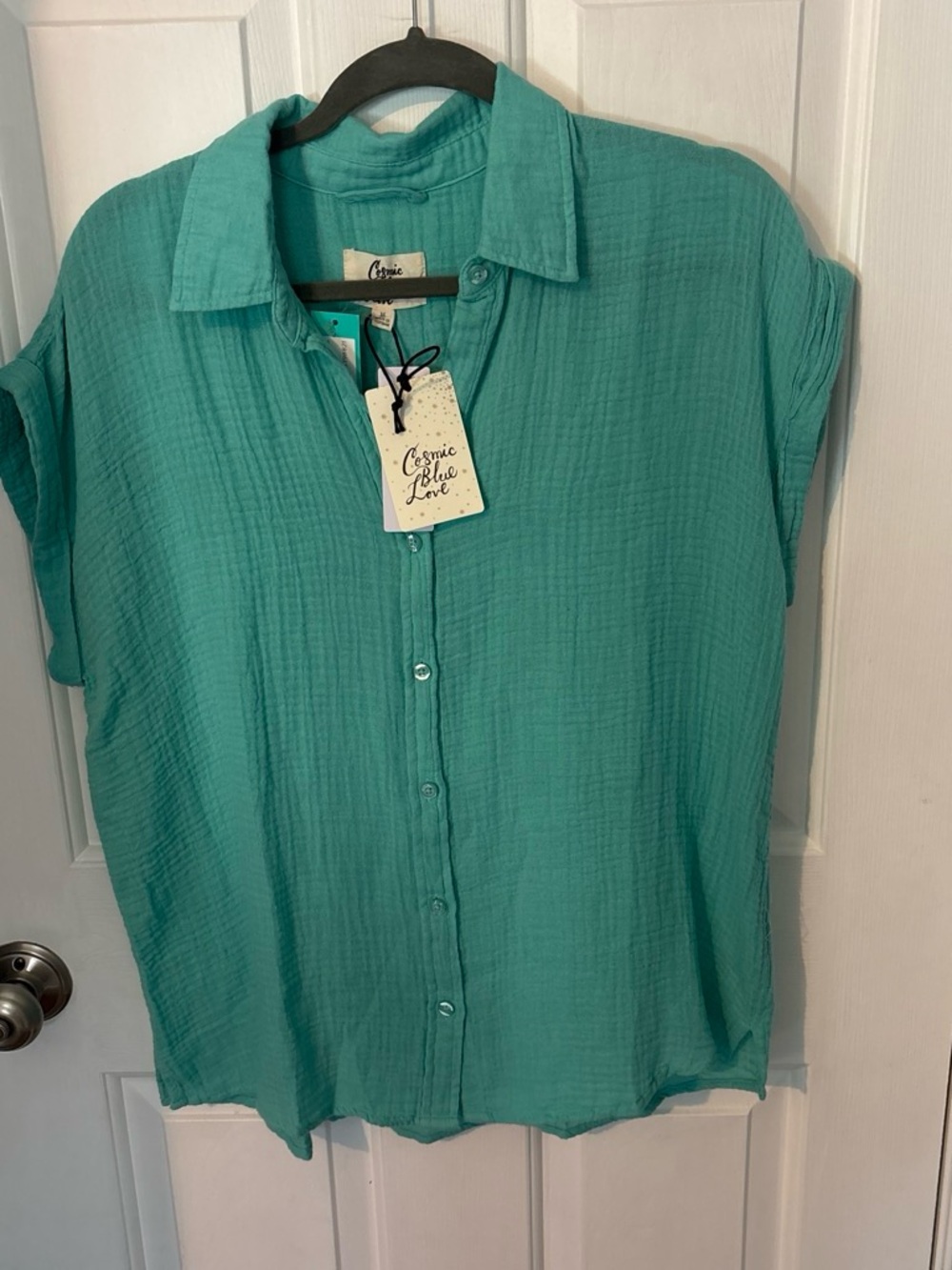 Cosmic Blue Love Women's Teal Short-Sleeve Button Front Blouse